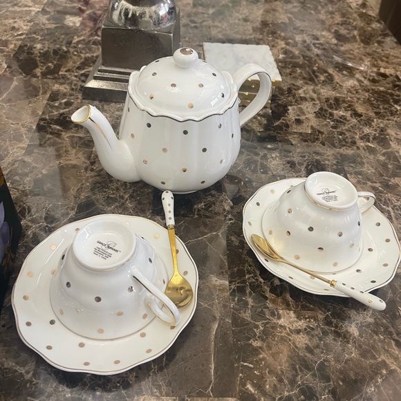 7pc white & gold polkadot Teapot, spoons, Cup & Saucer boxed by Grace teaware - Picture 10 of 16